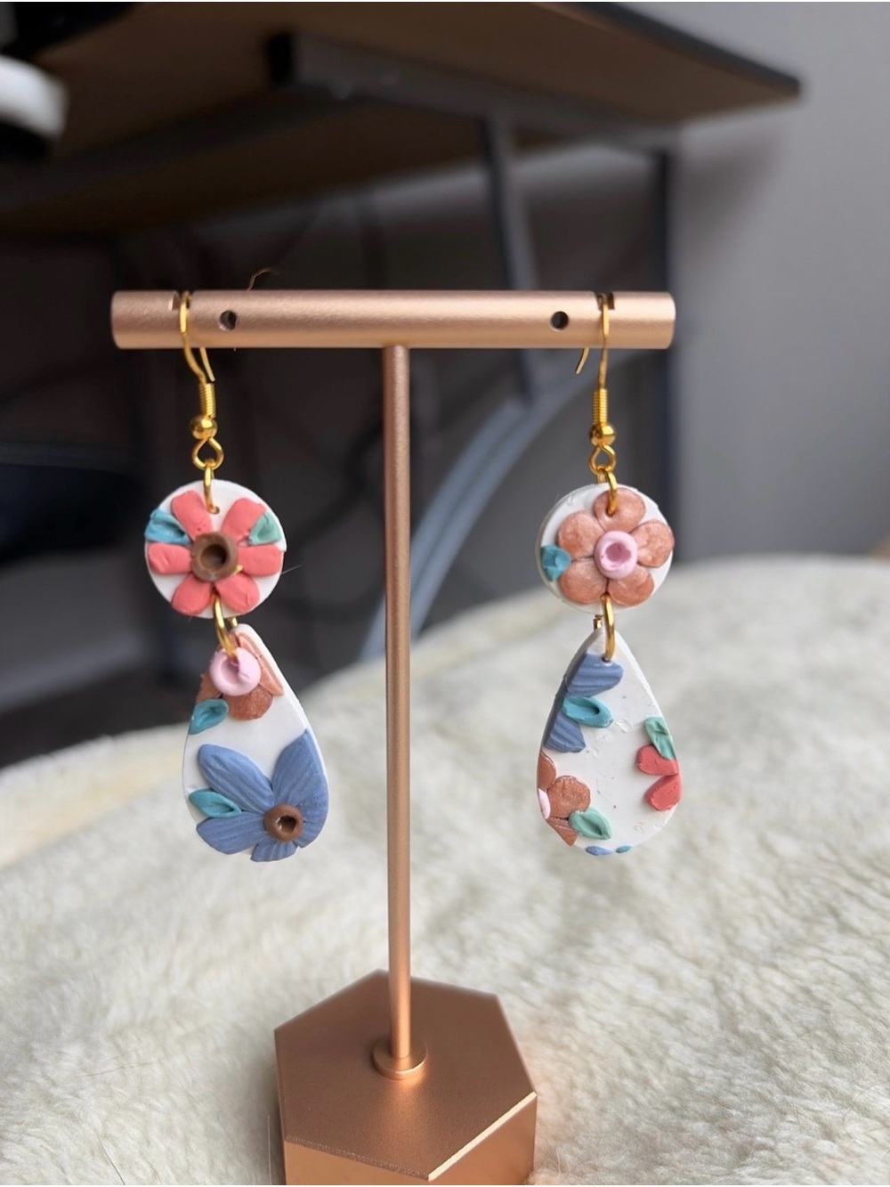 Handmade Floral Teardrop Dangle Earrings - White with Pink Blue Green Accents